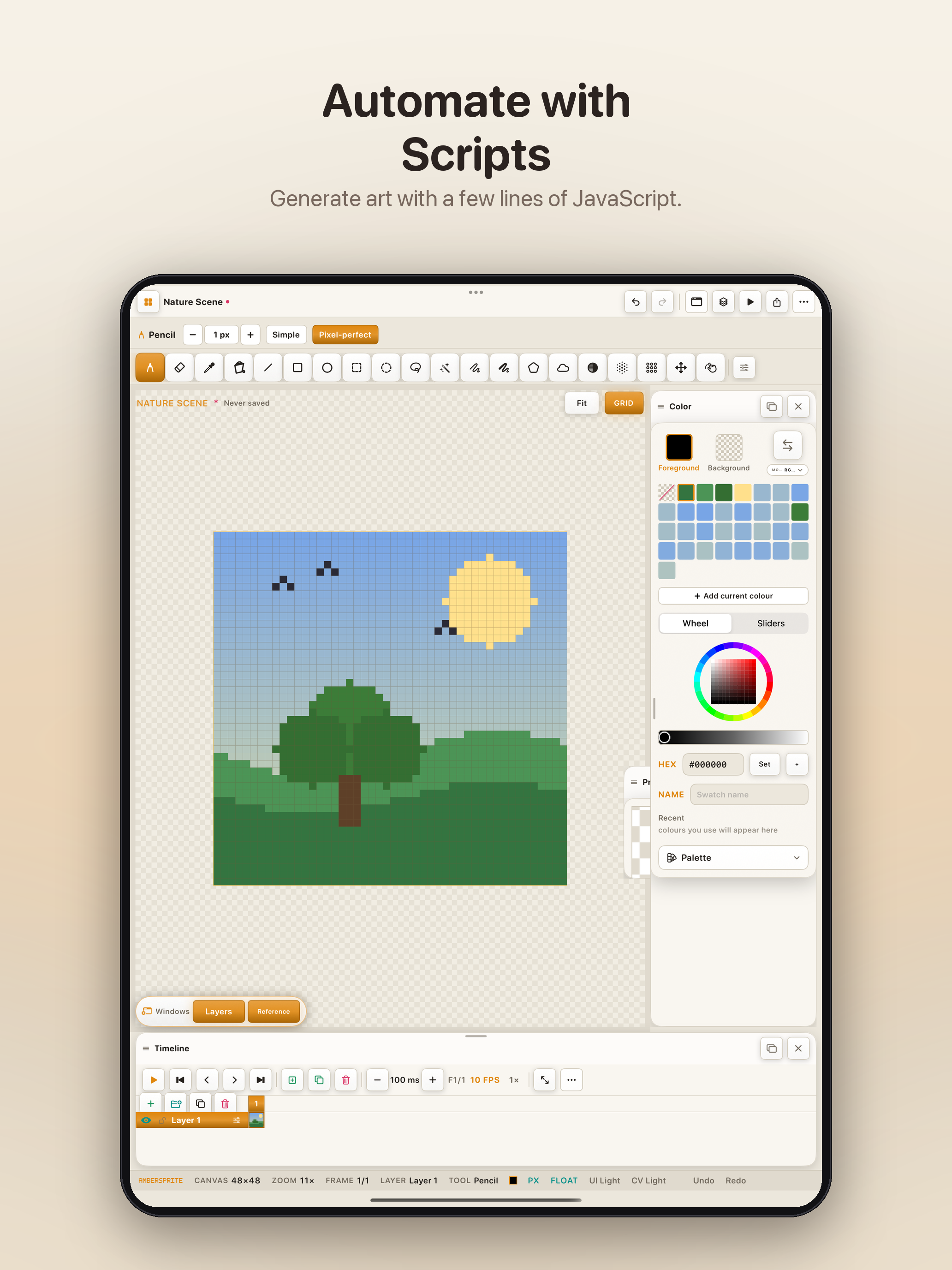 Ambersprite generating art from a JavaScript script